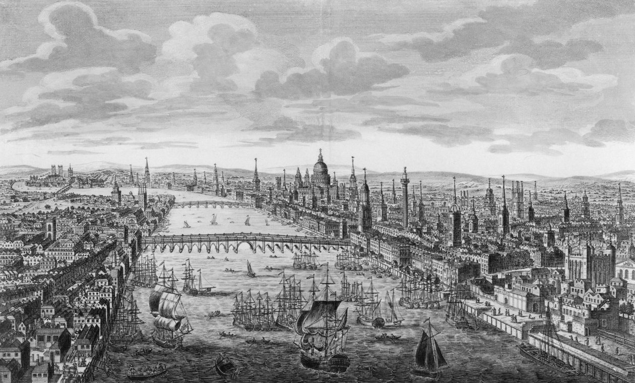 Uma visão geral da cidade de Londres ao lado do rio Tâmisa, c.1780 de English School