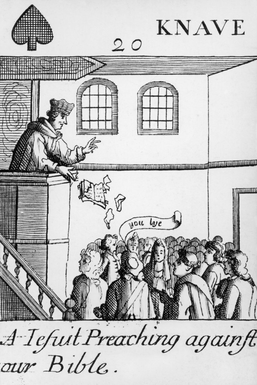 Um jesuíta pregando contra nossa Bíblia, Valete de Espadas, de um conjunto de cartas de baralho, 1679 de English School