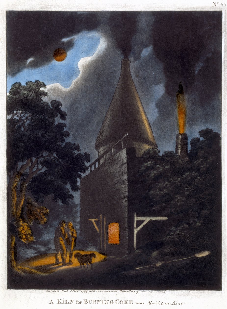 Um forno para queima de coque, perto de Maidstone, Kent, novembro de 1799 (cor aquatint) de English School