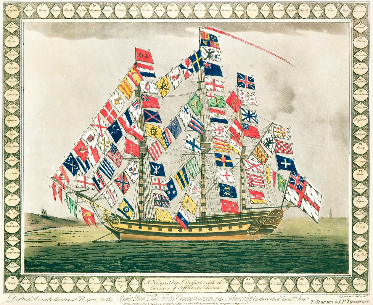 Um navio do rei vestido com as cores de diferentes nações, 6 de outubro de 1794 de English School