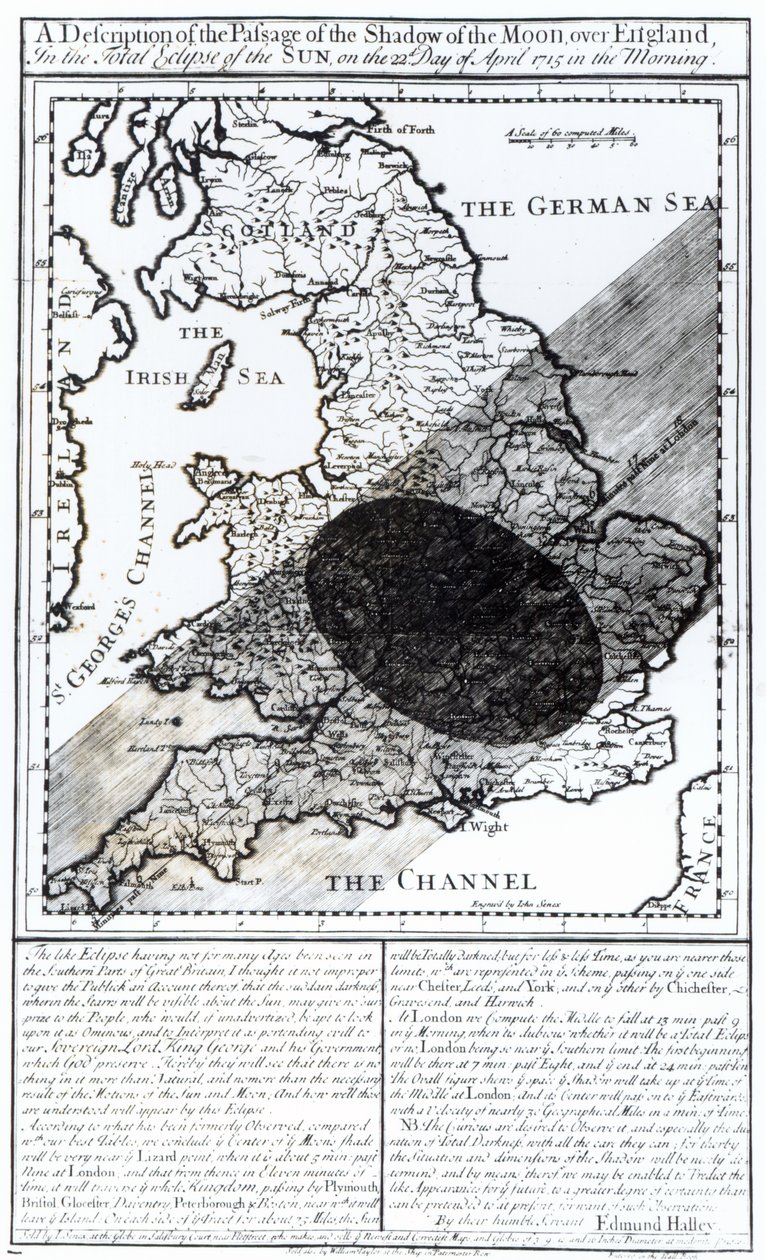 Um mapa mostrando a passagem da sombra da lua sobre a Inglaterra em 22 de abril de 1715, gravada por John Senex, 1715 de English School