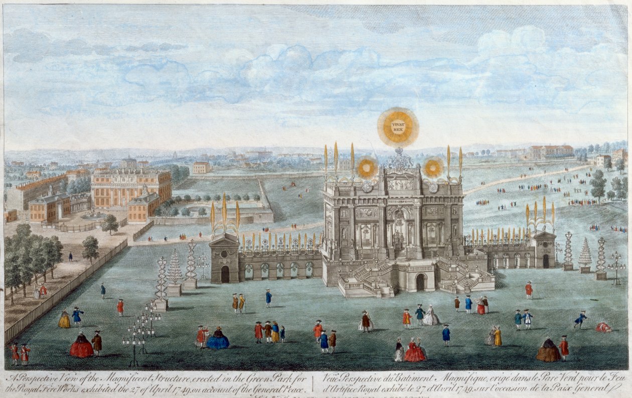 Uma vista em perspectiva da estrutura magnífica erigida no parque verde para os fogos-de-artifício reais, bar. por Robert Wilkinson, 1749 de English School