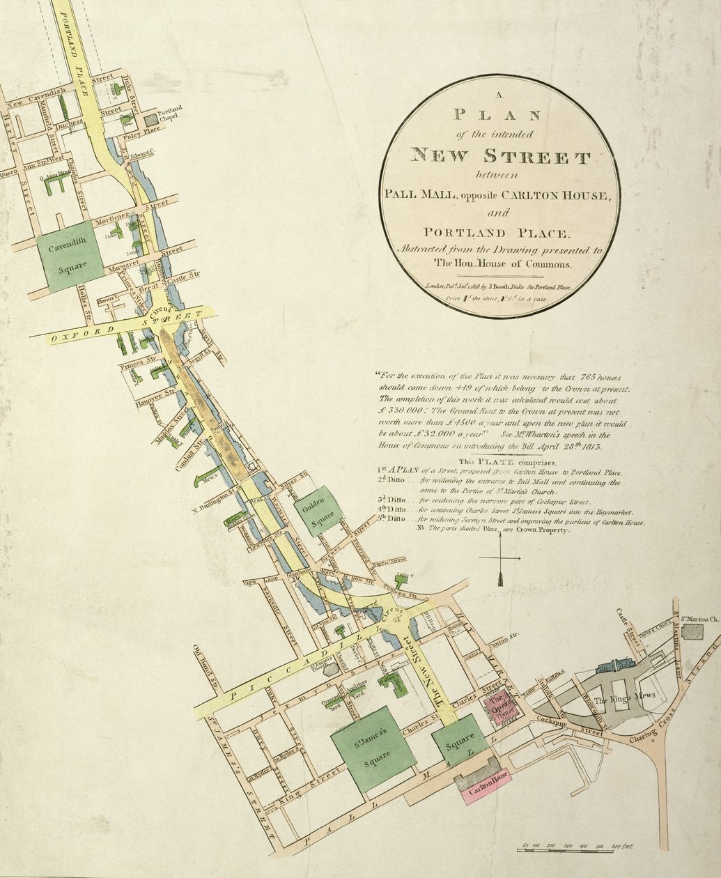Um plano da nova rua pretendida entre Pall Mall, em frente à Carlton House e Portland Place, projetado pelo pub John Nash (1758-1835). por J. Booth, 1818 de English School