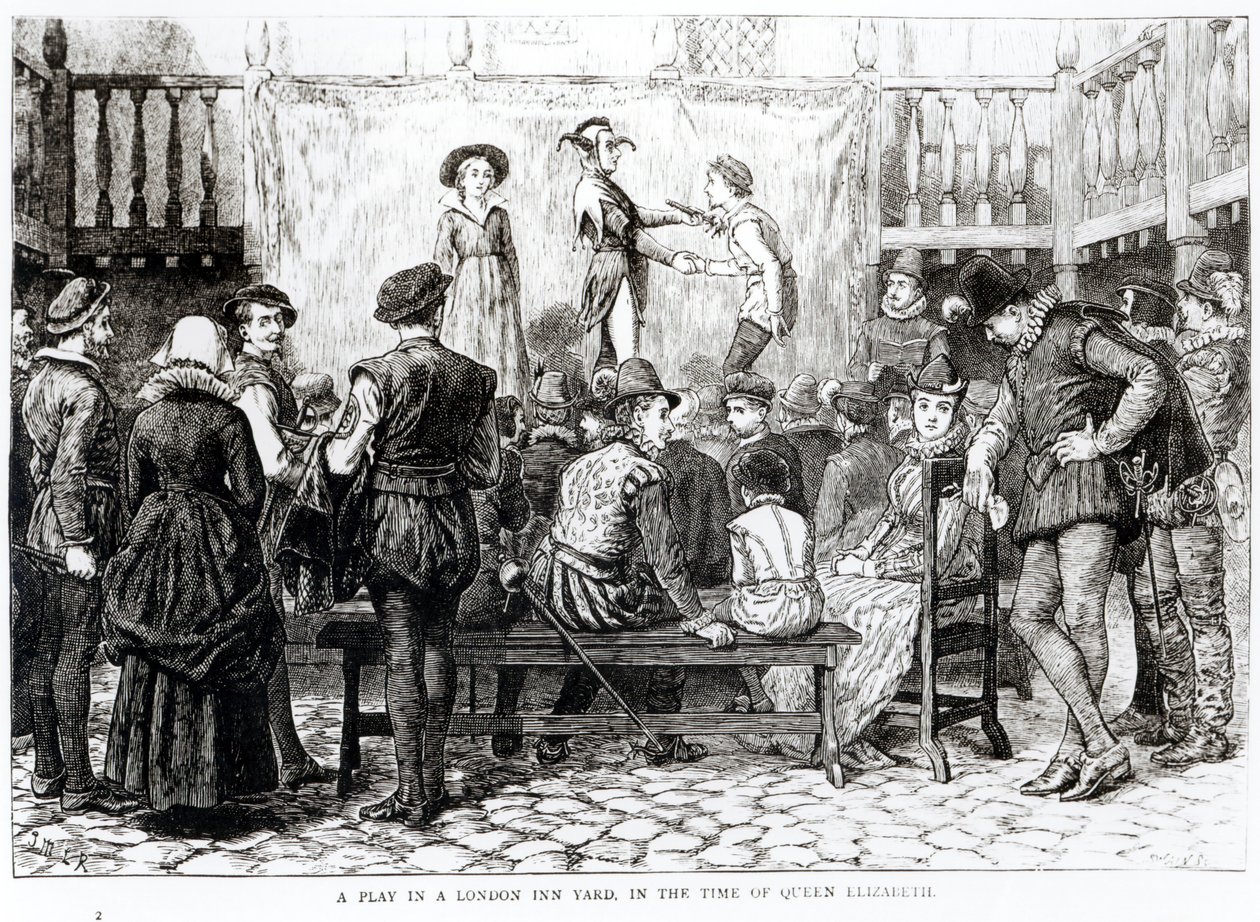 Uma peça em um estaleiro da pousada em Londres na época da rainha Elizabeth, gravada por Joseph Swain (1820-1909) de English School