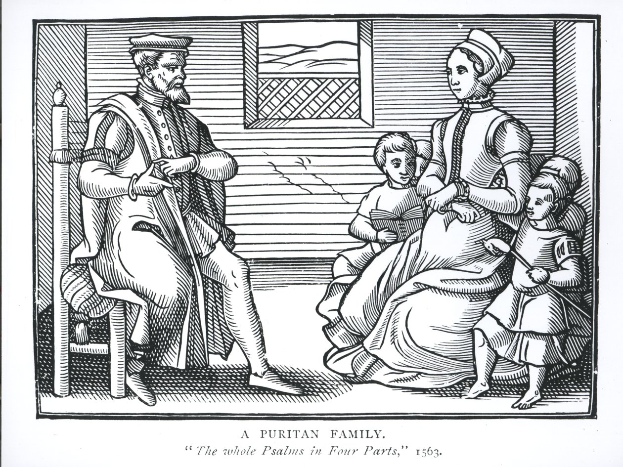 Uma família puritana, de "os salmos inteiros em quatro partes", 1563 de English School