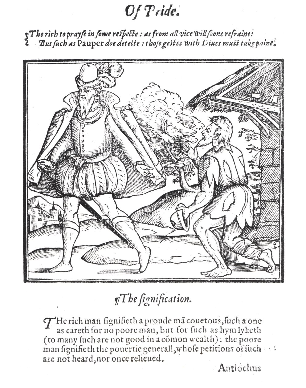 Um homem rico rejeita um mendigo esfarrapado, de "A Christall Glass of Christian Reformation", de Stephen Bateman, 1569 de English School
