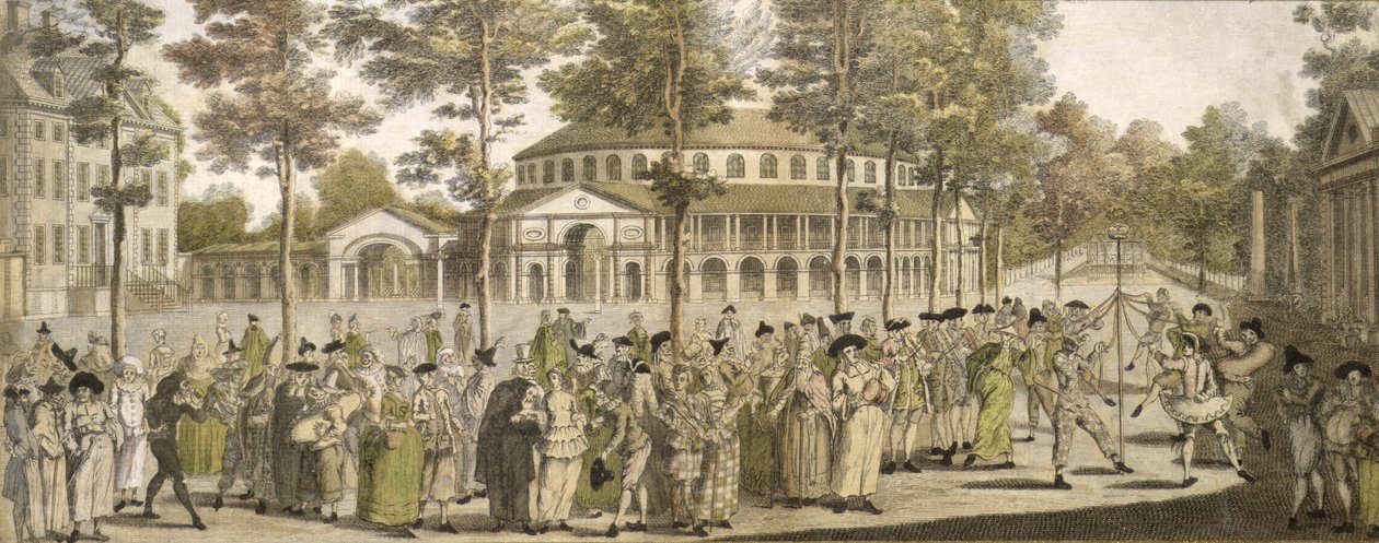 Um Espetáculo nos Jardins Ranelagh, com a Rotunda ao fundo, em meados do século XVIII (gravura a cores) de English School
