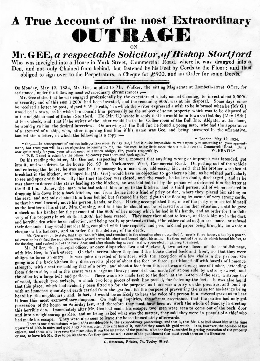 Um verdadeiro relato da mais extraordinária indignação sobre o Sr. Gee, 1834 (impressão tipográfica) de English School