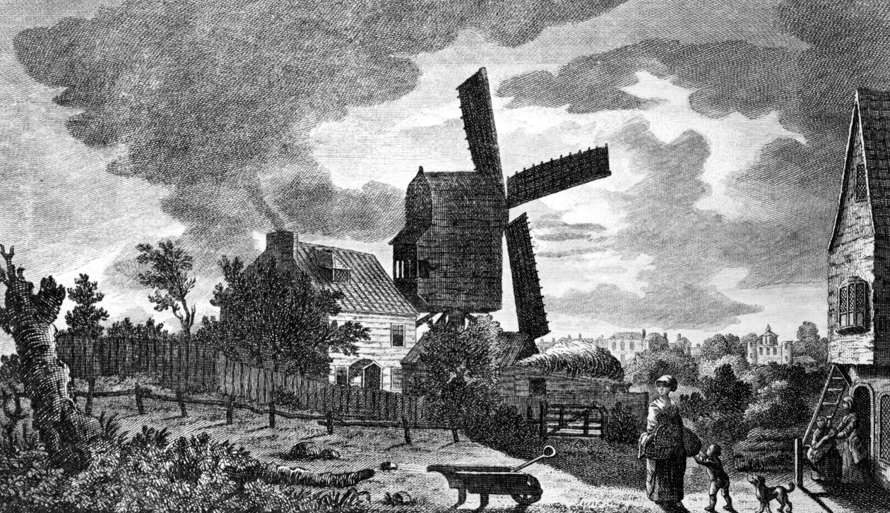 Uma visão de um moinho perto de Blackheath em Kent, pela luz da lua, 1770 de English School