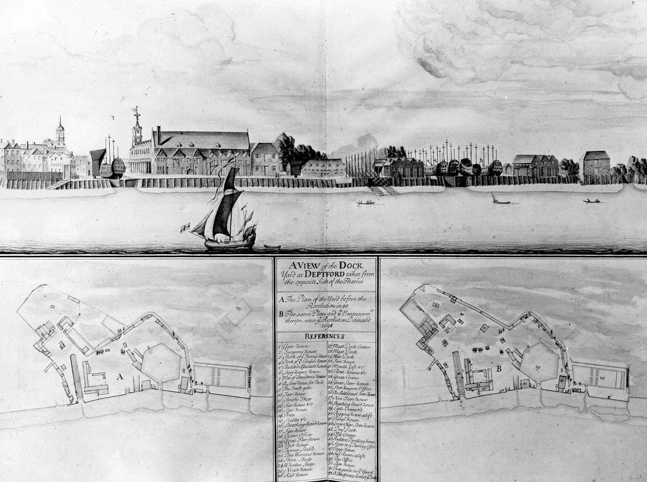 Uma vista do estaleiro em Deptford, tirada do lado oposto do rio Tamisa, 1698 de English School