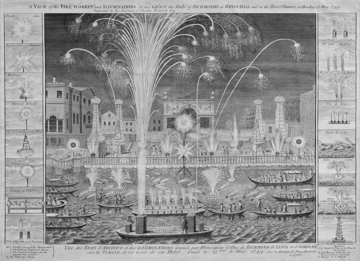 Uma visão dos fogos de artifício e iluminuras em sua graça, o duque de Richmonds em Whitehall e no rio Tâmisa, na segunda-feira 15 de maio de 1749 (ver também 8450) de English School
