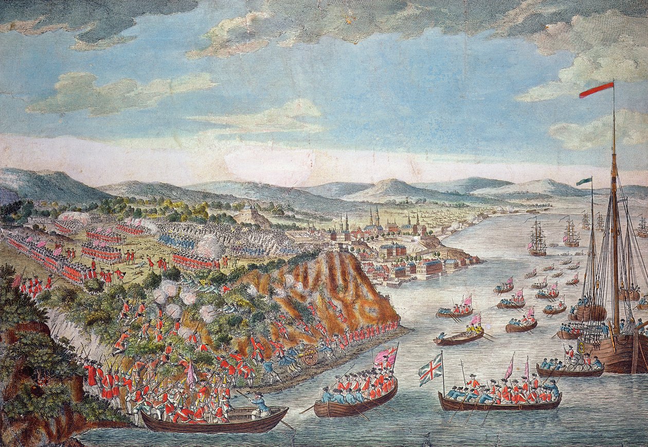 Uma visão da tomada de Quebec, 13 de setembro de 1759 (gravura a cores) de English School