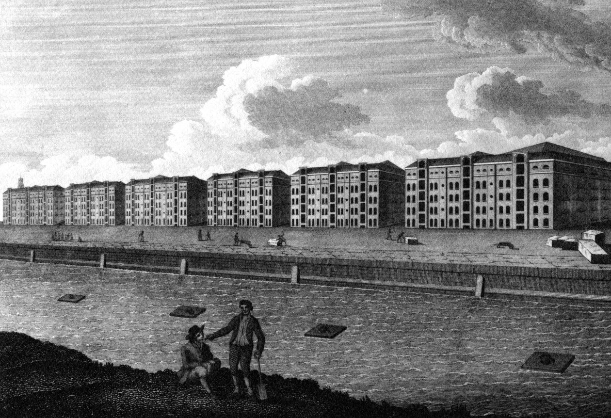 Uma vista dos armazéns e da doca do oeste da Índia, 1803 de English School