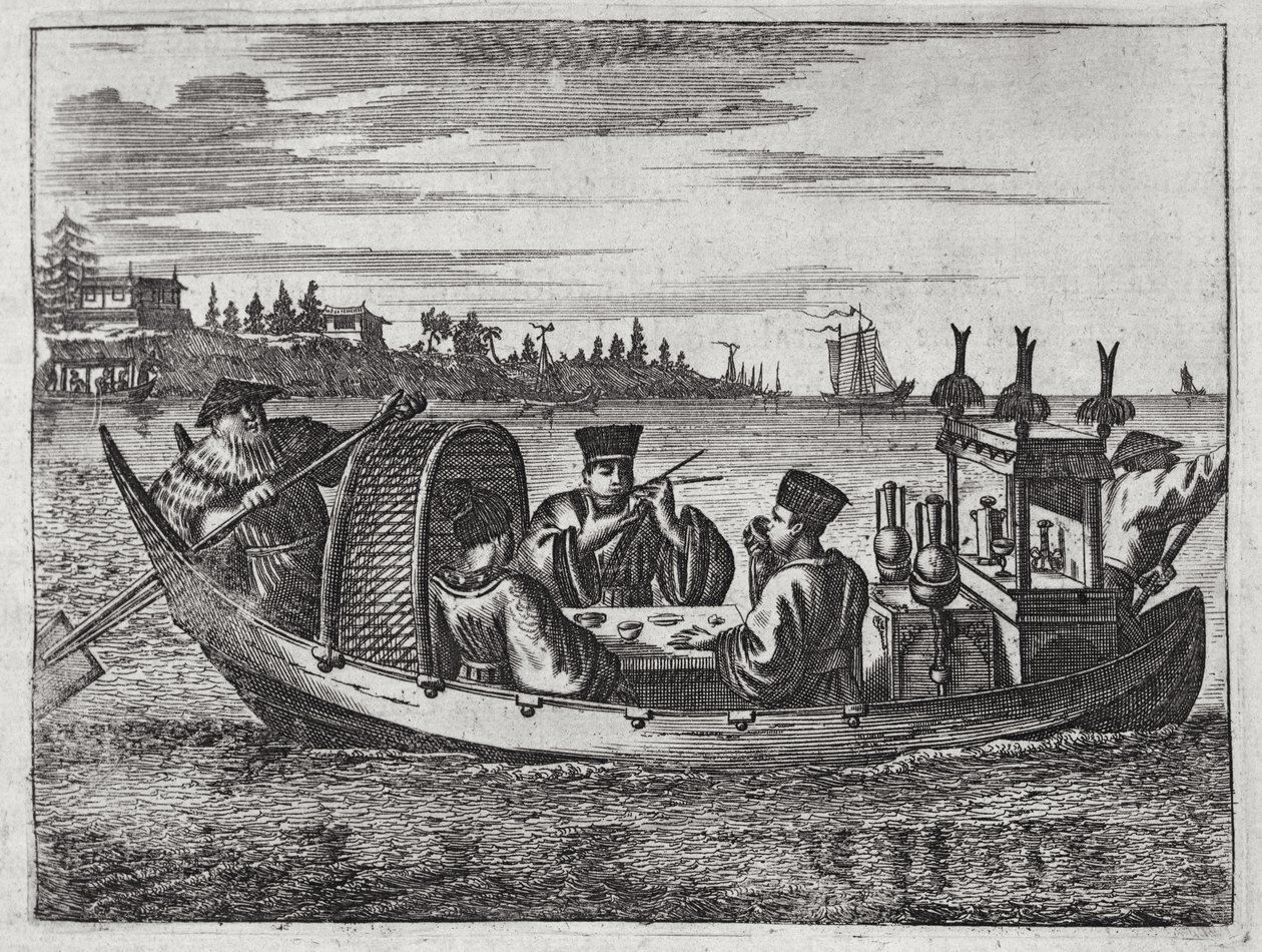 Um jantar de mandarim rico em um barco, ilustração de uma descrição de embaixadas para a China, 1690 de English School