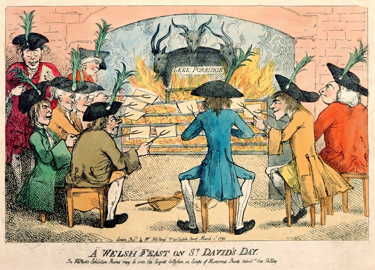 Uma festa galesa no dia de St. David, 1790 (gravura a cores) de English School