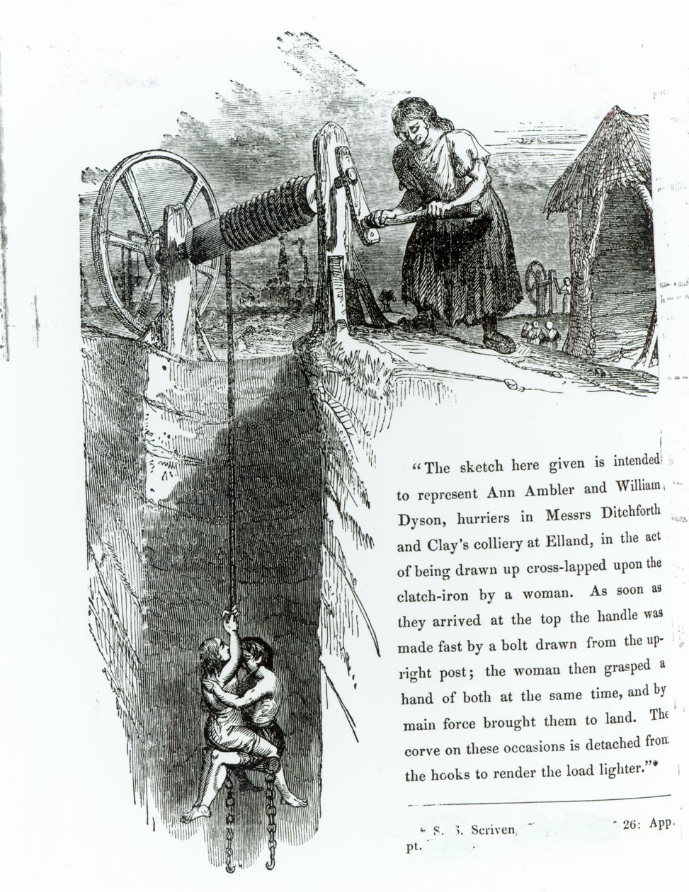 Um menino e uma menina sendo enrolados em uma mina, ilustração impressa no "Westminster Review", julho de 1842 de English School