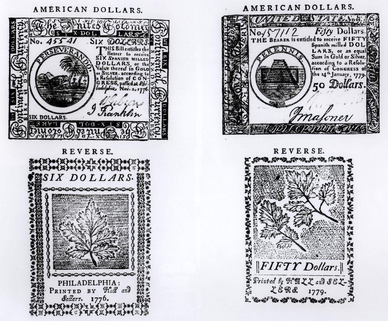 Uma nota colonial de seis dólares de 1776 e uma nota americana de cinquenta dólares de 1779 de English School