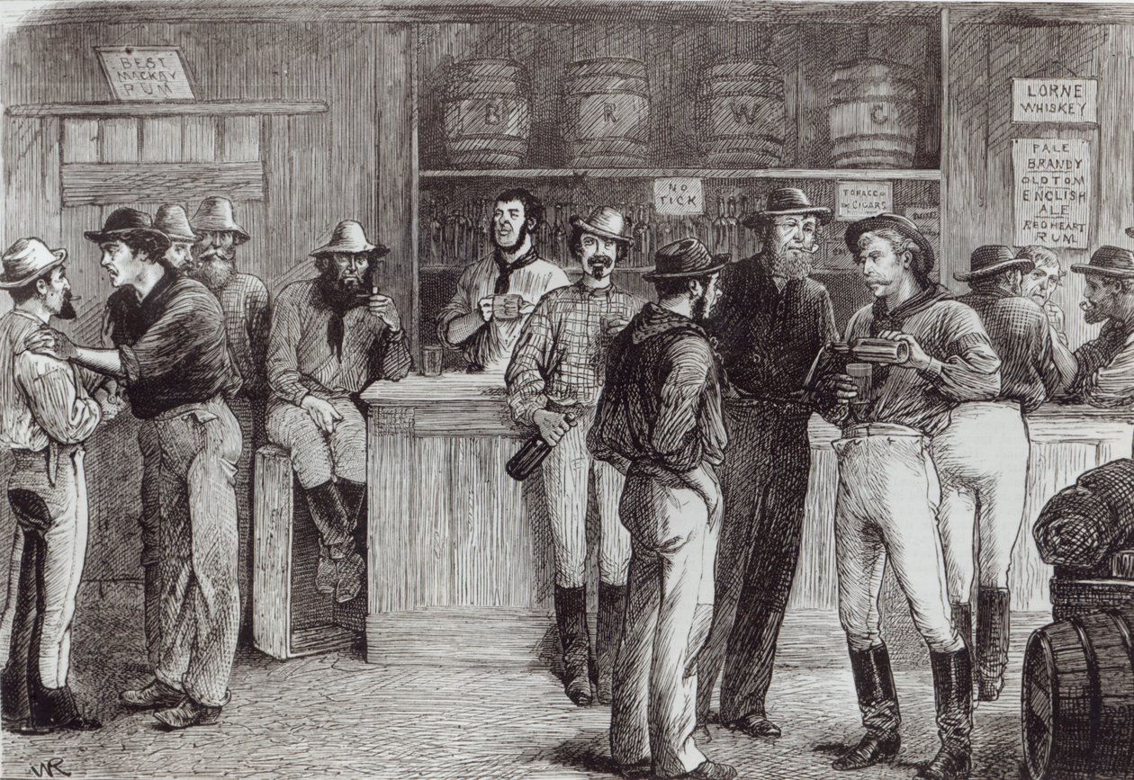 &39;Um grito geral&39;, dentro de uma taverna, 1878 de English School
