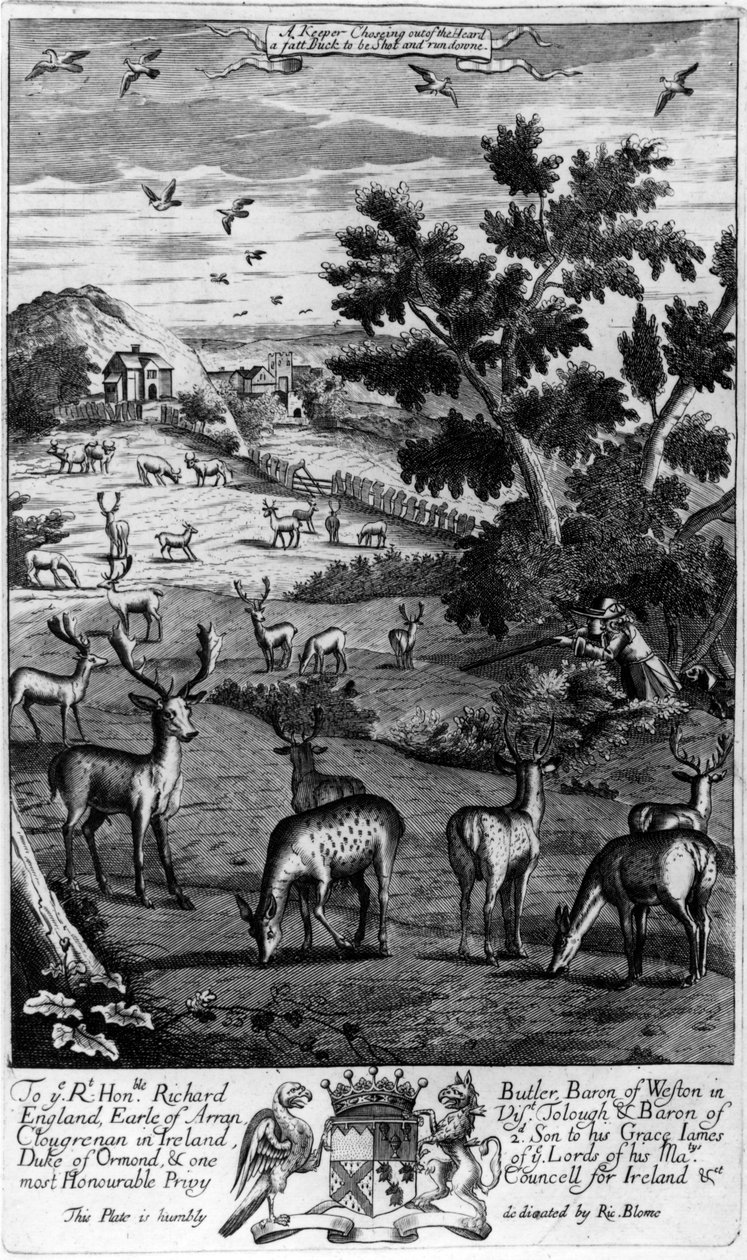 Um guardião que escolhe o rebanho com um dinheirinho gordo para ser baleado e atropelado, de &39;The Gentleman&39;s Recreation&39; publicado por Richard Blome, 1686 de English School