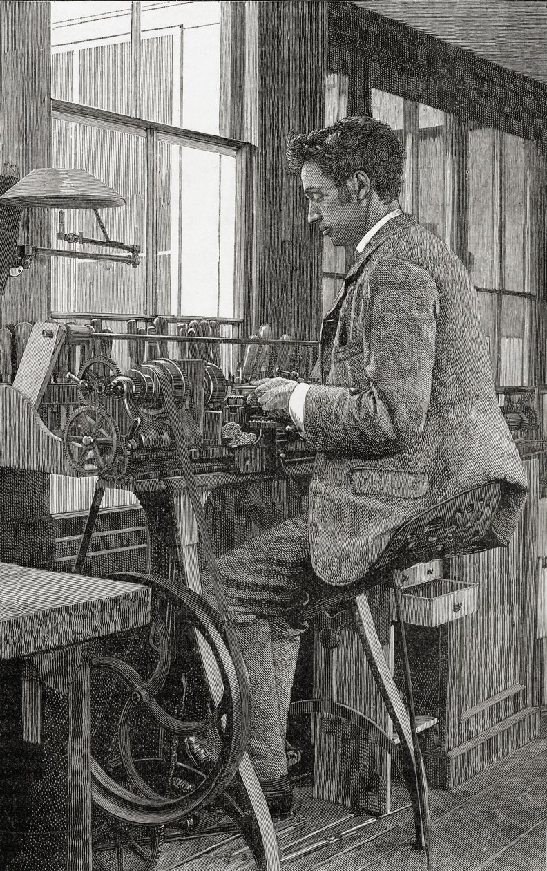 Um torneiro de torno moderno no trabalho, de &39;The English Illustrated Magazine&39;, 1891-92 de English School