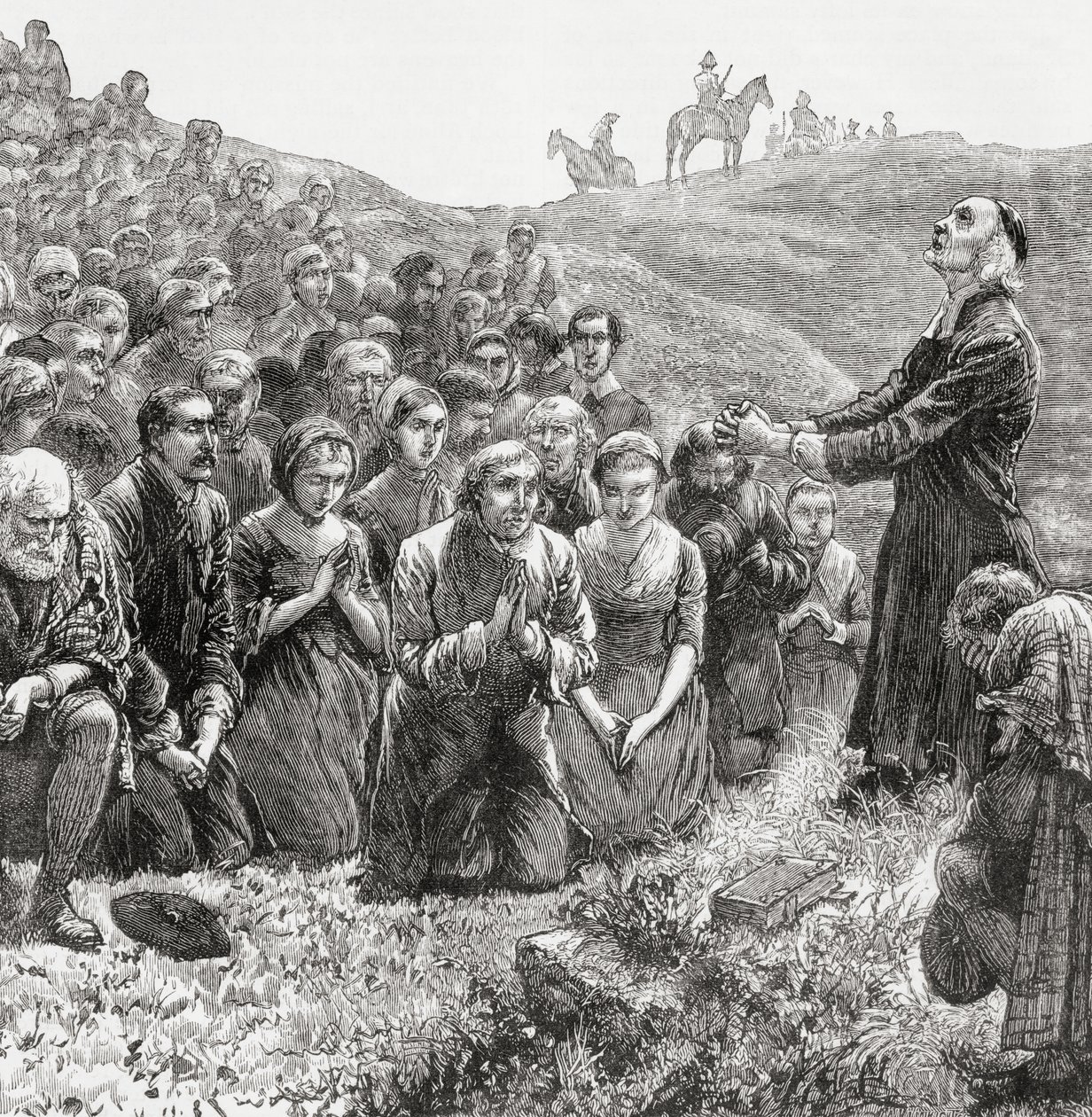 Uma reunião de oração dos Covenanters no século XVII, ilustração da &39;Our Own Magazine&39;, publicada pela Missão de Serviço Especial para Crianças, 1885 de English School