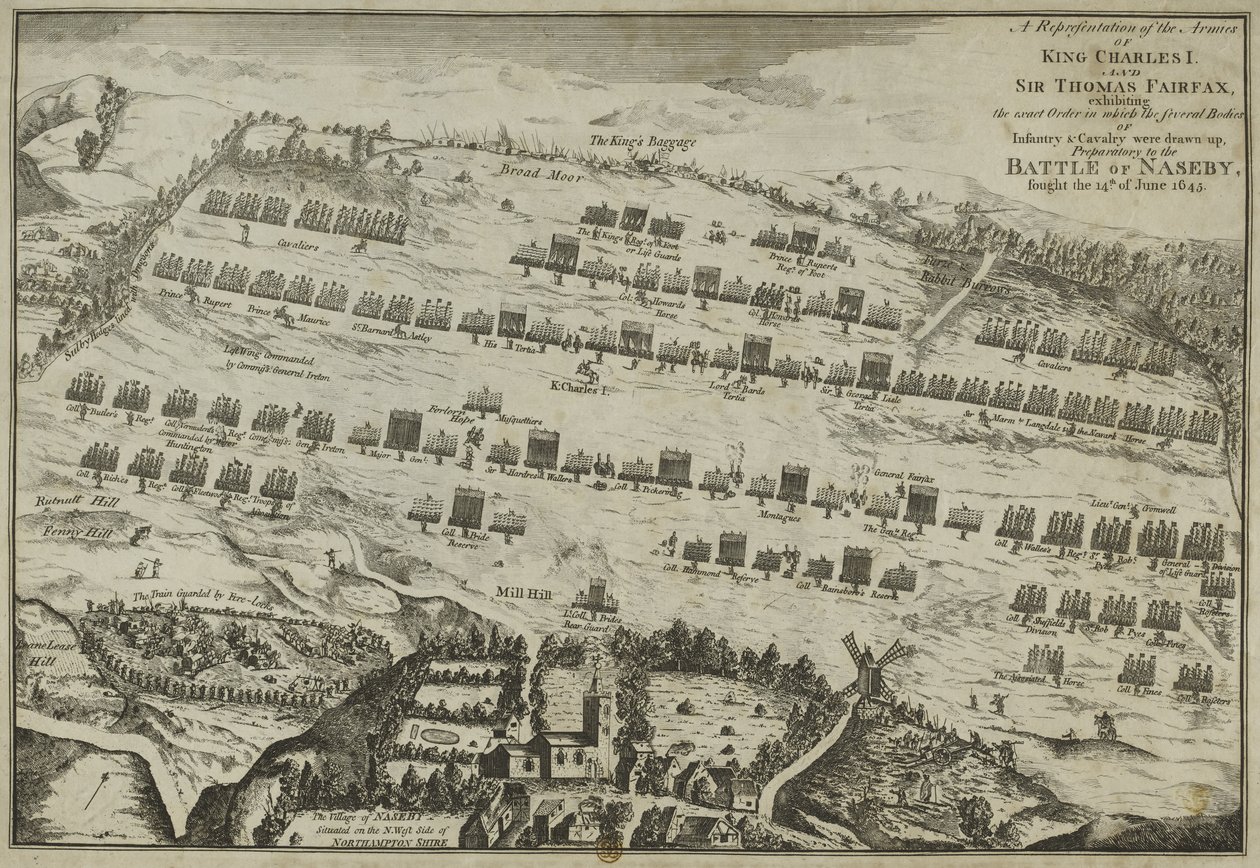 Representação dos Exércitos do Rei Carlos I e Sir Thomas Fairfax, exibindo a ordem exata, preparatória para a Batalha de Naseby, 1645 de English School