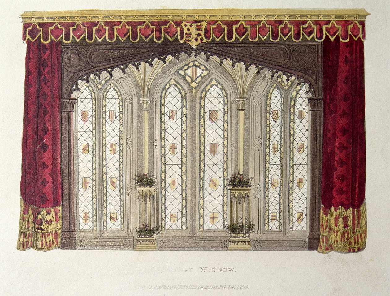 Um conjunto de contínuas cortinas de cortinas francesas, placa 33 do Ackermanns Repository of Arts, publicado em 1811 de English School
