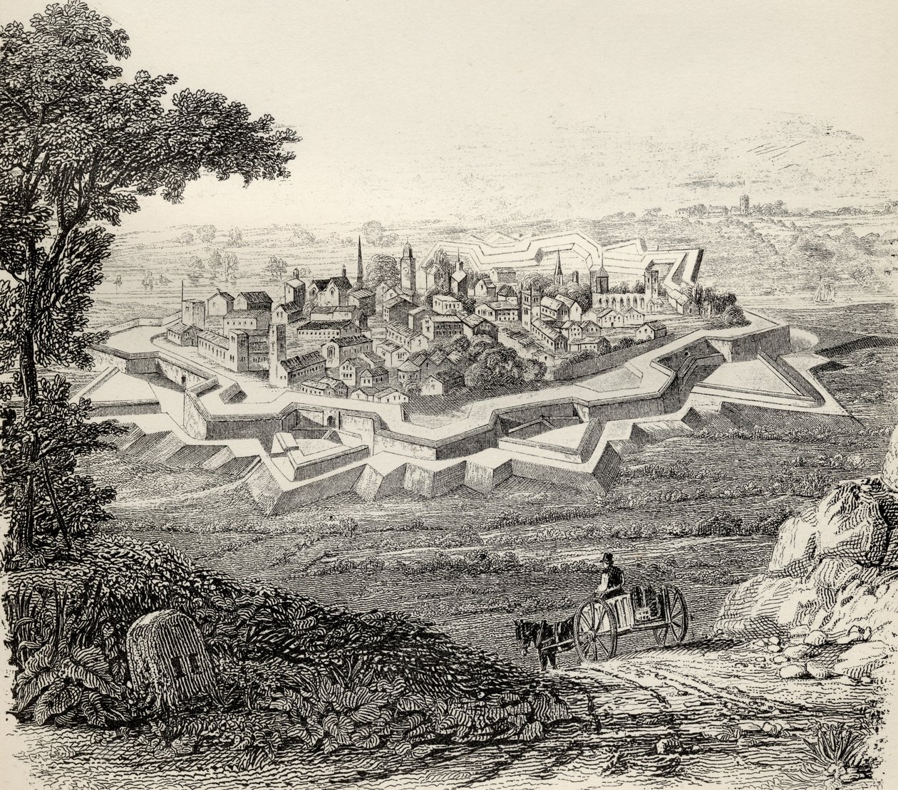 Uma cidade protegida pelas defesas contra os baluartes, da "The National Encyclopaedia", publicada por William Mackenzie, Londres, no final do século XIX de English School