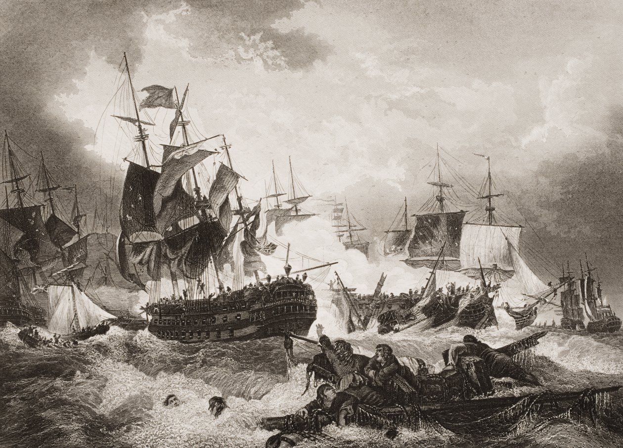 A vitória do almirante Duncan sobre a frota holandesa no Mar do Norte, ilustração de "Batalhas da Inglaterra por mar e terra" por Lieut. Coronel Williams de English School