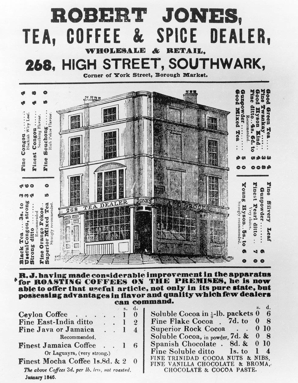 Propaganda para Robert Jones, Tea, Coffee e Spice Dealer, janeiro de 1845 de English School