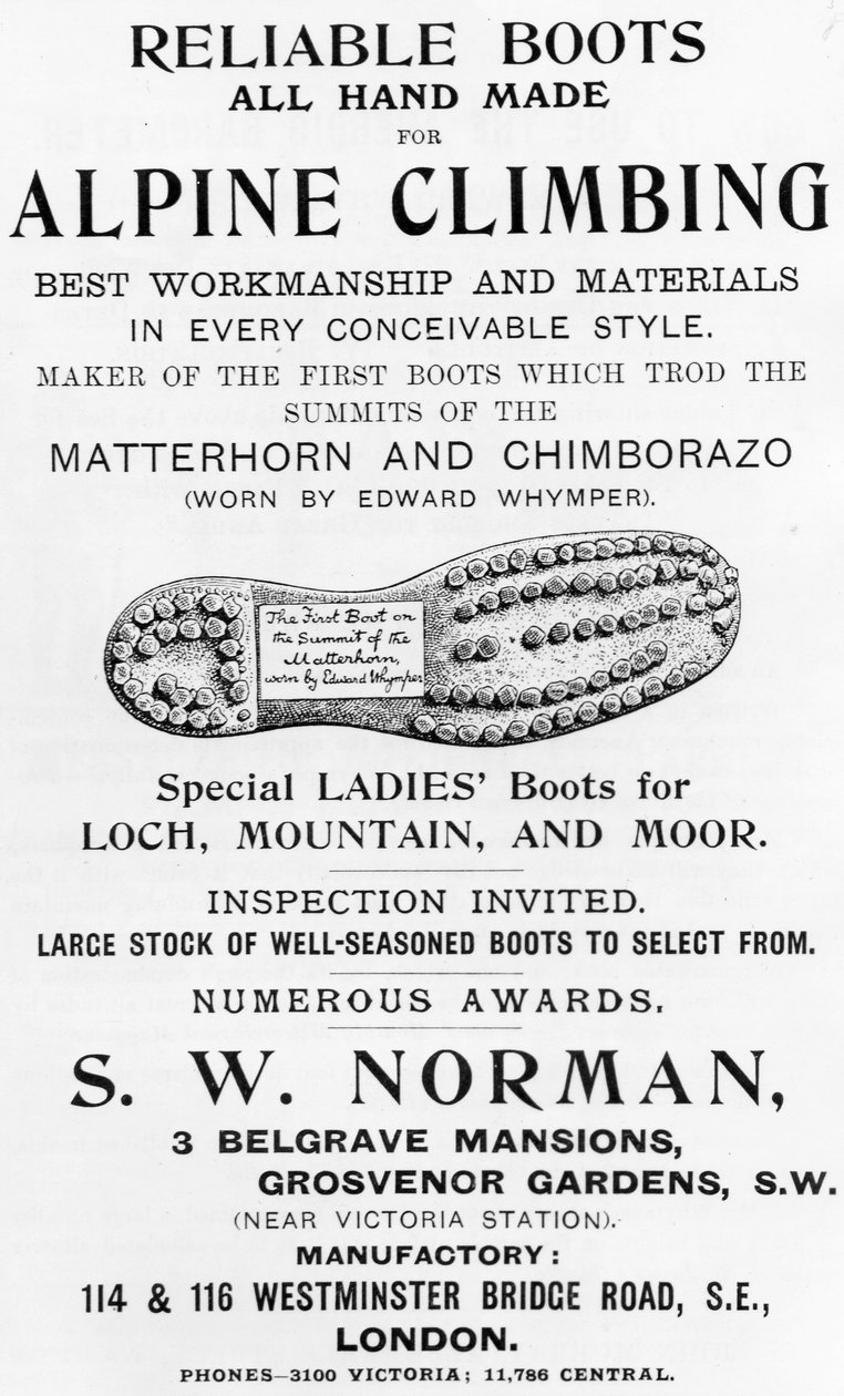 Anúncio para SW Norman Alpine Climbing Boots, ilustração de &39;Whymper&39;s Guides Advertiser&39;, 1911 (impressão tipográfica e gravura) de English School