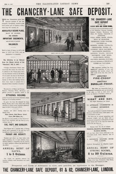 Propaganda para o Depósito Seguro The Lane Chancery, da The Illustrated London News, 12 de fevereiro de 1887 de English School