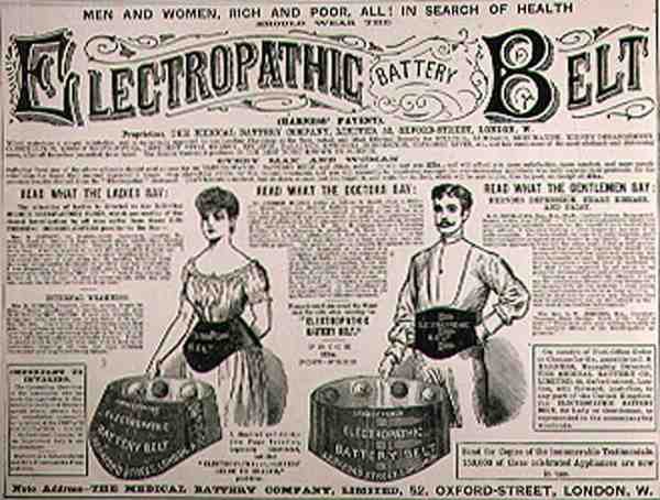 Anúncio para o Cinto de Bateria Eletropático, da The Illustrated London News, 1 de setembro de 1886 de English School