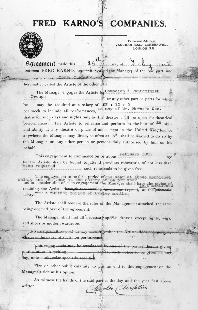 Acordo entre as empresas de Fred Karno e Charles Chaplin, 25 de julho de 1908 (impressão) de English School