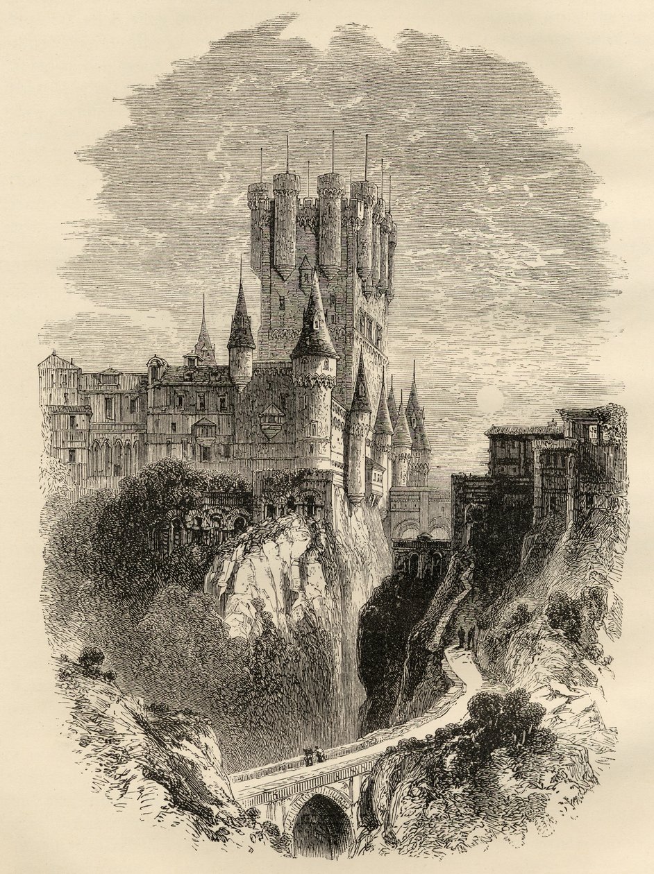 Alcazar em Segóvia, Espanha, antes do incêndio de 1862, ilustração de &39;Imagens espanholas&39; do Rev. Samuel Manning de English School