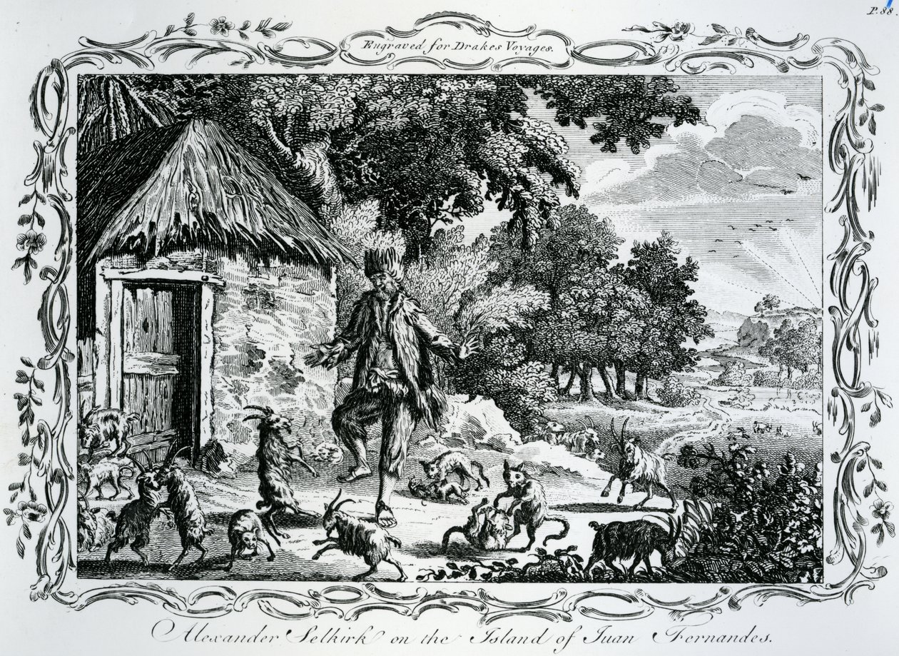 Alexander Selkirk na ilha de Juan Fernandes, publicado em &39;Drakes Voyages&39;, 1780 de English School