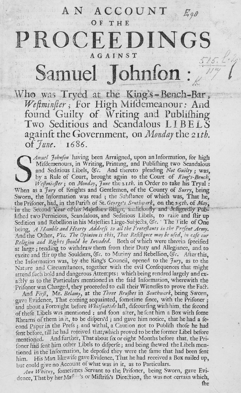 Um relato do processo contra Samuel Johnson, 1686 (impressão) de English School