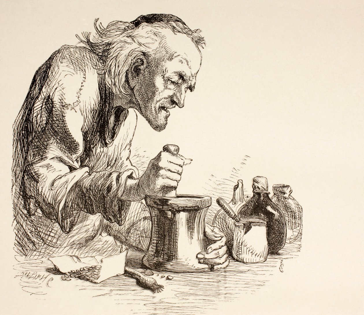 Um boticário de moagem de ervas, de "The Illustrated Library Shakespeare", publicado em Londres, 1890 de English School