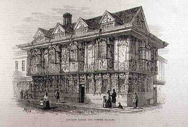 Casa antiga no mercado velho da manteiga, Ipswich, da notícia ilustrada de Londres, o 23 de julho de 1881 de English School