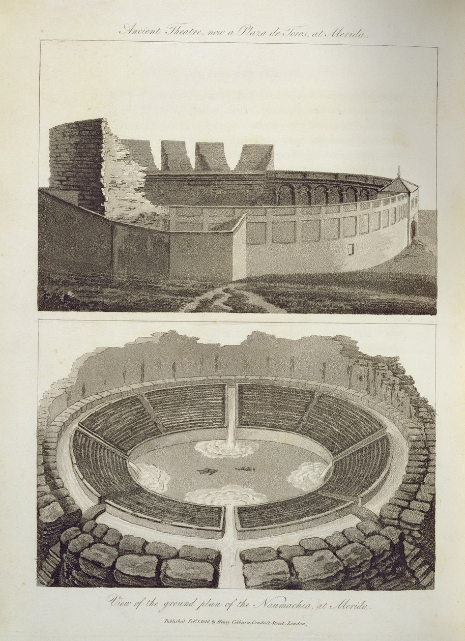 Teatro antigo, agora uma Plaza de Toros, e uma vista do plano de chão do Naumachia, em Mérida, pub. por Henry Colburn, 1816 de English School