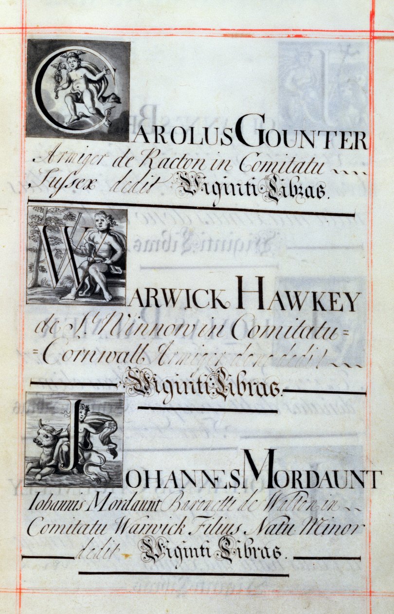 Arquivo 3693 f.62 Página listando três benfeitores do New College, Oxford; Carolus Gounter, Warwick Hawkey e Johannes Mordaunt, de um Livro de Benefícios, 16812-84 (caneta e tinta) de English School