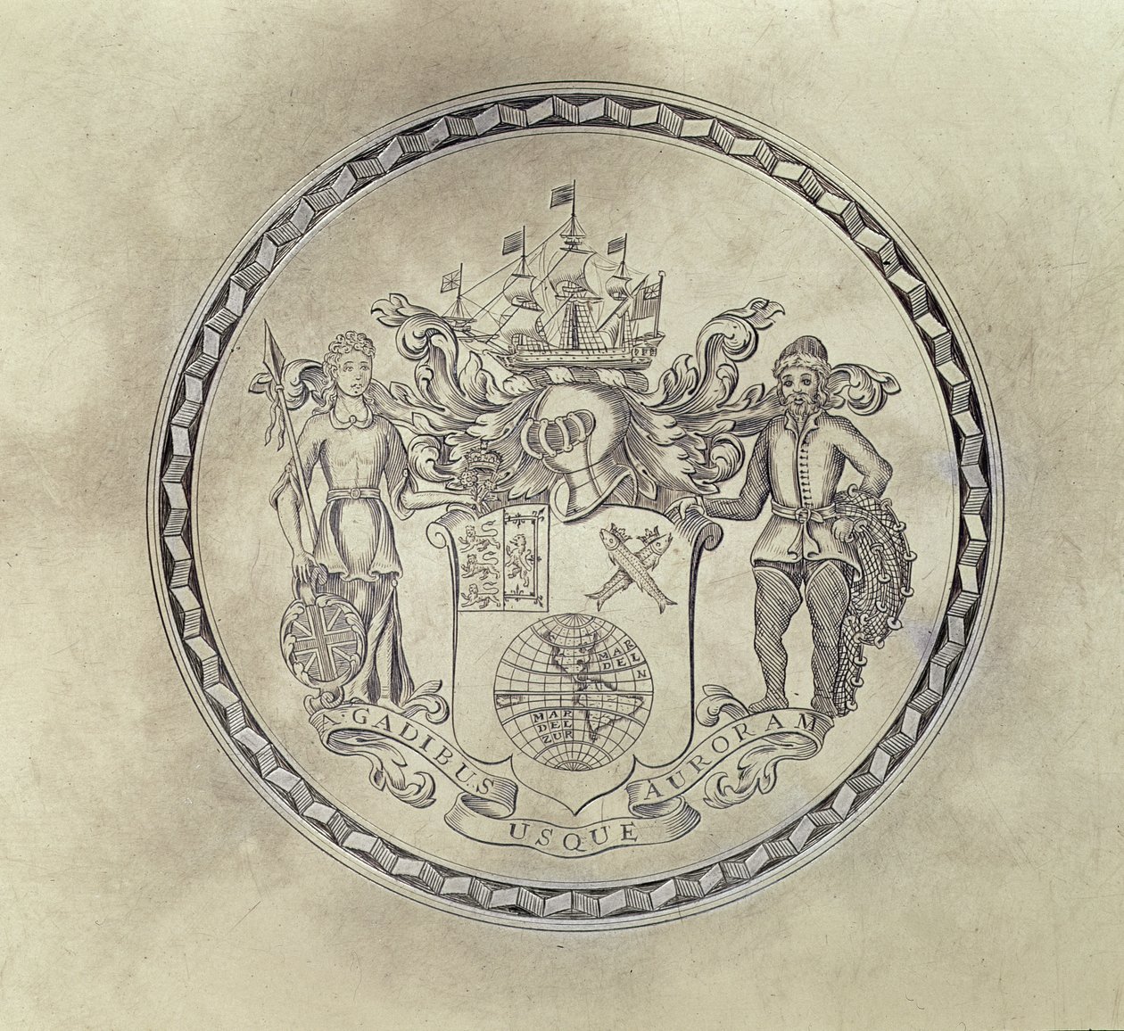 Armorials da South Sea Company, gravada em uma salva, 1714 (prata-dourada) de English School