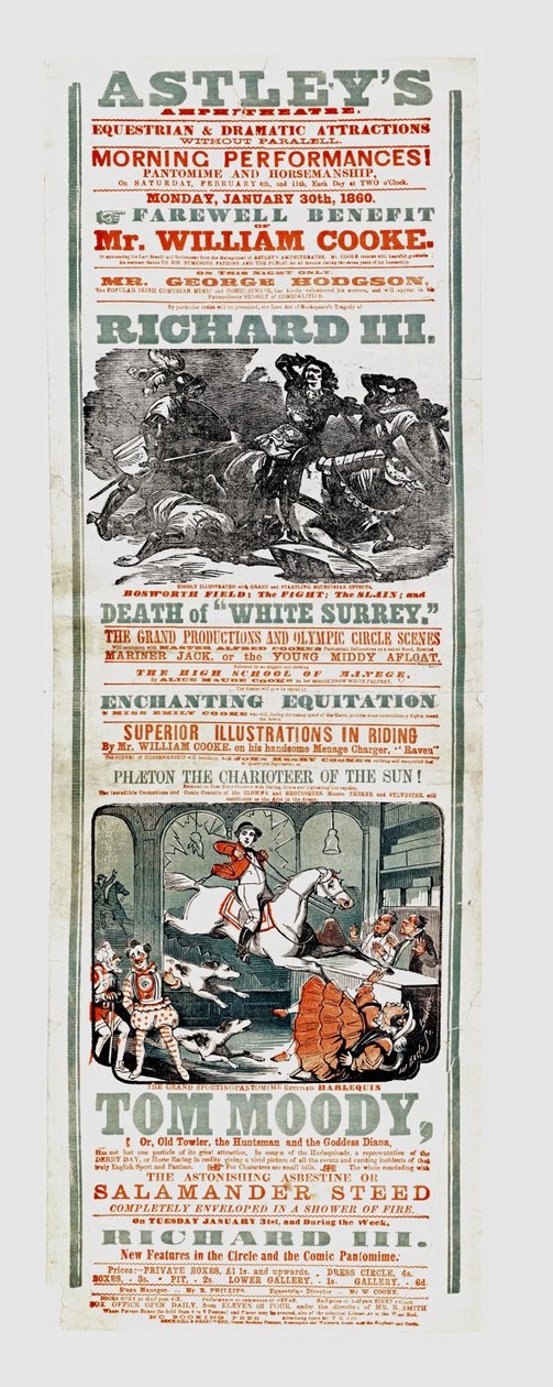 Cartaz de circo de Astley anunciando o benefício de despedida do Sr. William Cooke, 30 de janeiro de 1860 de English School