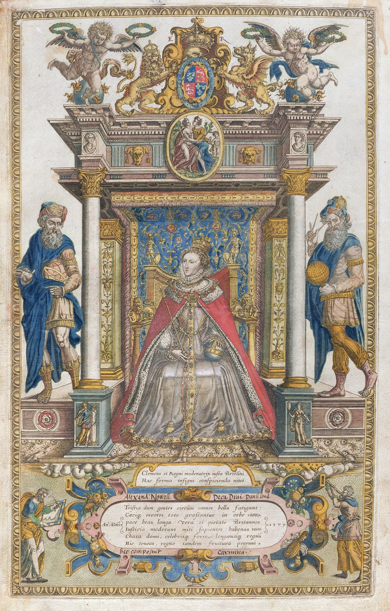 BT1.47.9 A dedicação à rainha Elizabeth I de um livro de mapas da Inglaterra e do País de Gales, de Christopher Saxton, publicado em 1579 de English School