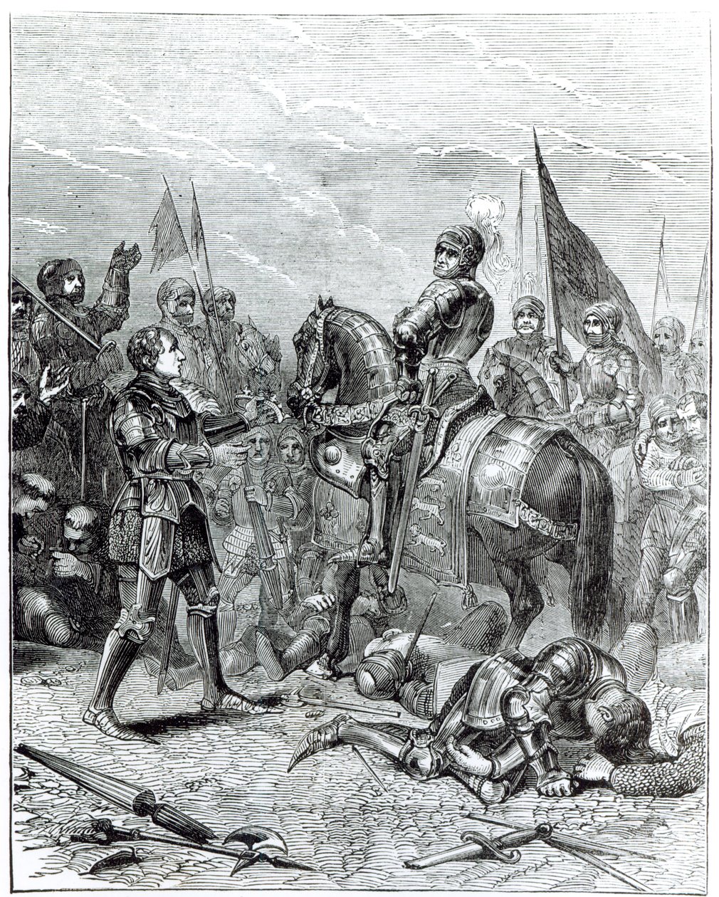 Batalha de Bosworth Field: Lord Stanley trazendo a coroa de Ricardo III (1452-1485) para Richmond, em 22 de agosto de 1485 de English School