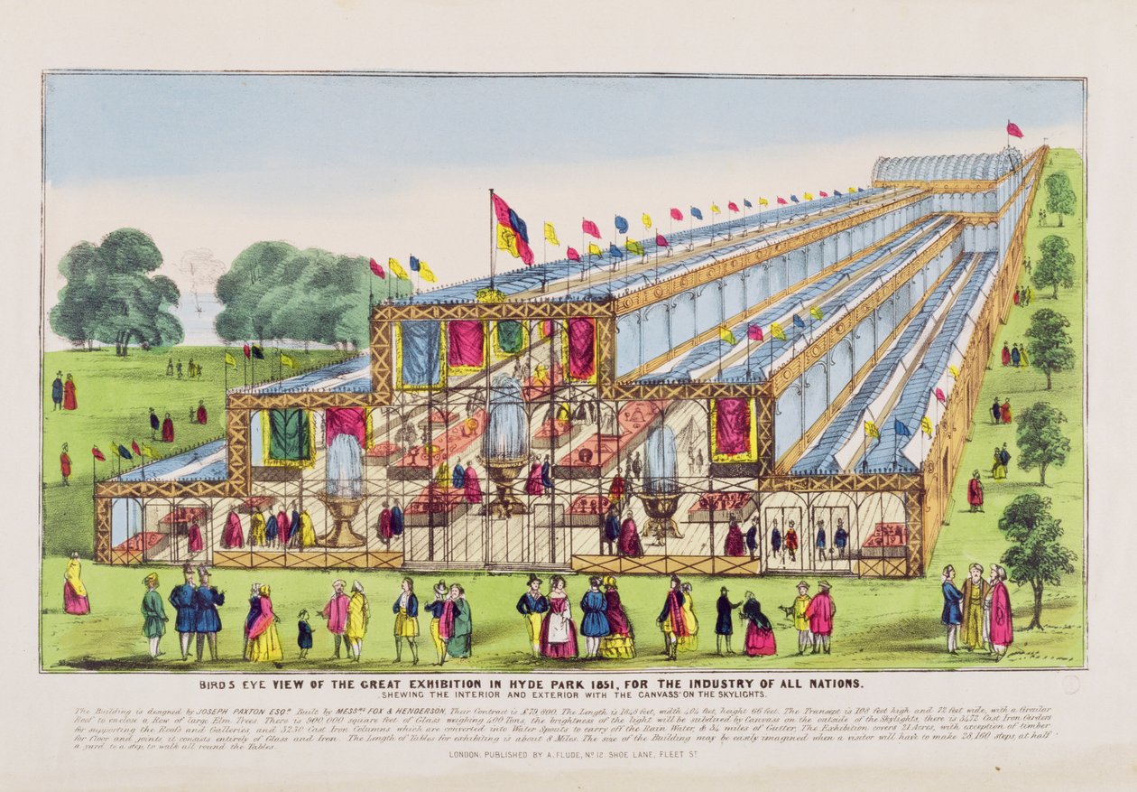 Opinião de olho de pássaros da grande exposição em Hyde Park, mostrando o interior e o exterior, bar. por A. Flude (imprimir) de English School
