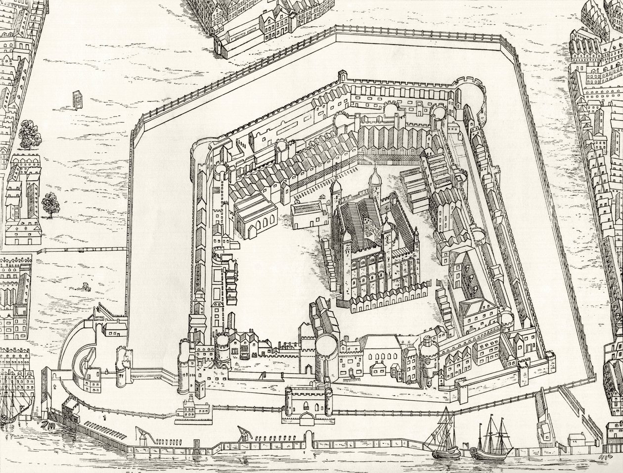 Vista aérea da Torre de Londres em 1688, de &39;London Pictures: desenhada com caneta e lápis&39;, do Rev. Richard Lovett, publicada em 1890 de English School