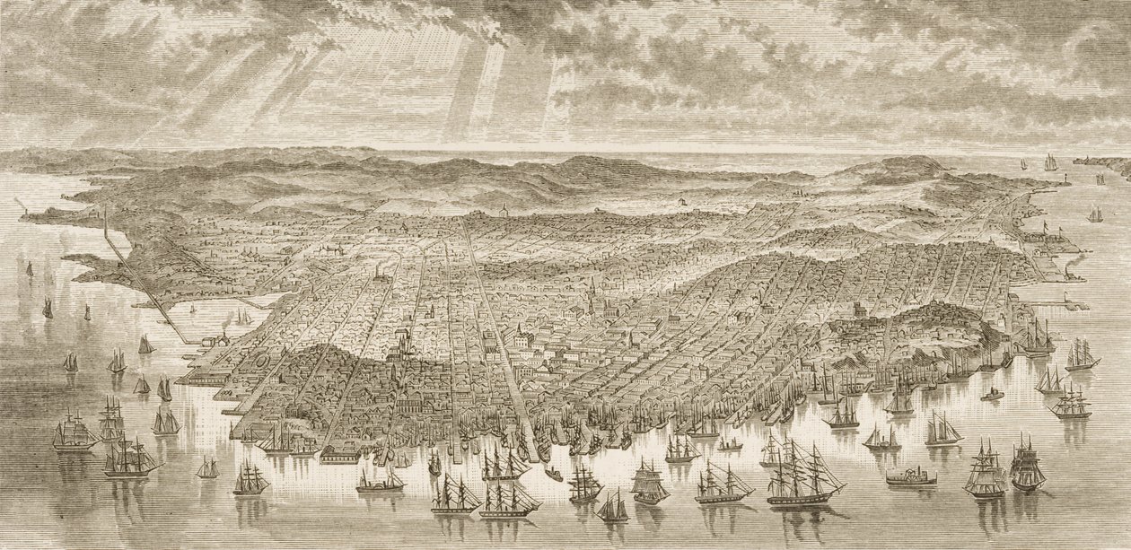 Visão panorâmica de San Francisco, 1875, de "American Pictures", publicado pela The Religious Tract Society, publicado em 1876 de English School