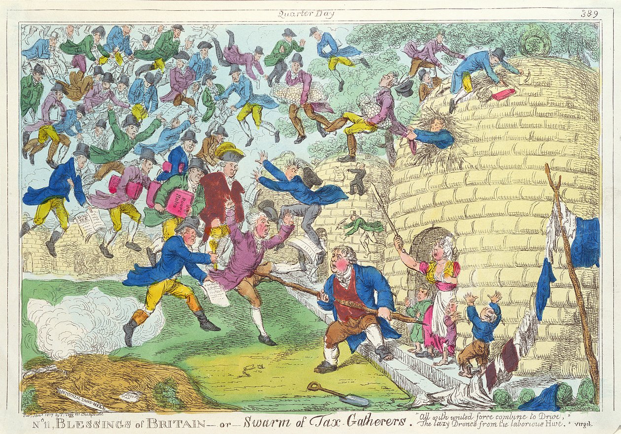 Bênçãos da Grã-Bretanha - ou Enxame de Coletores de Impostos, 1817 (gravura a cores) de English School