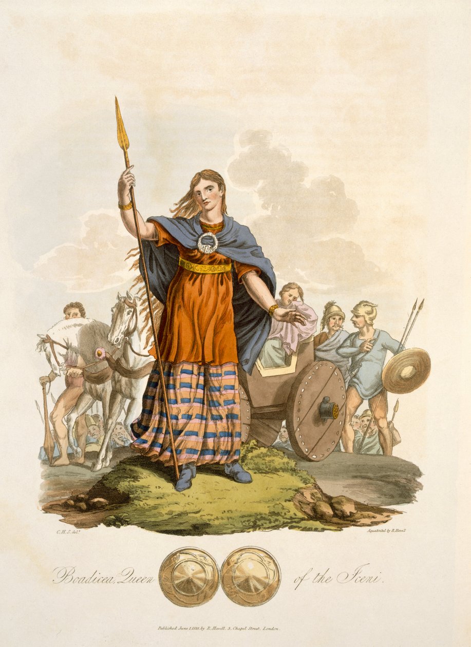Boadicea, Rainha do Iceni, eng. por Richard Havell, o Velho, pub. 1815 (gravura colorida à mão) de English School